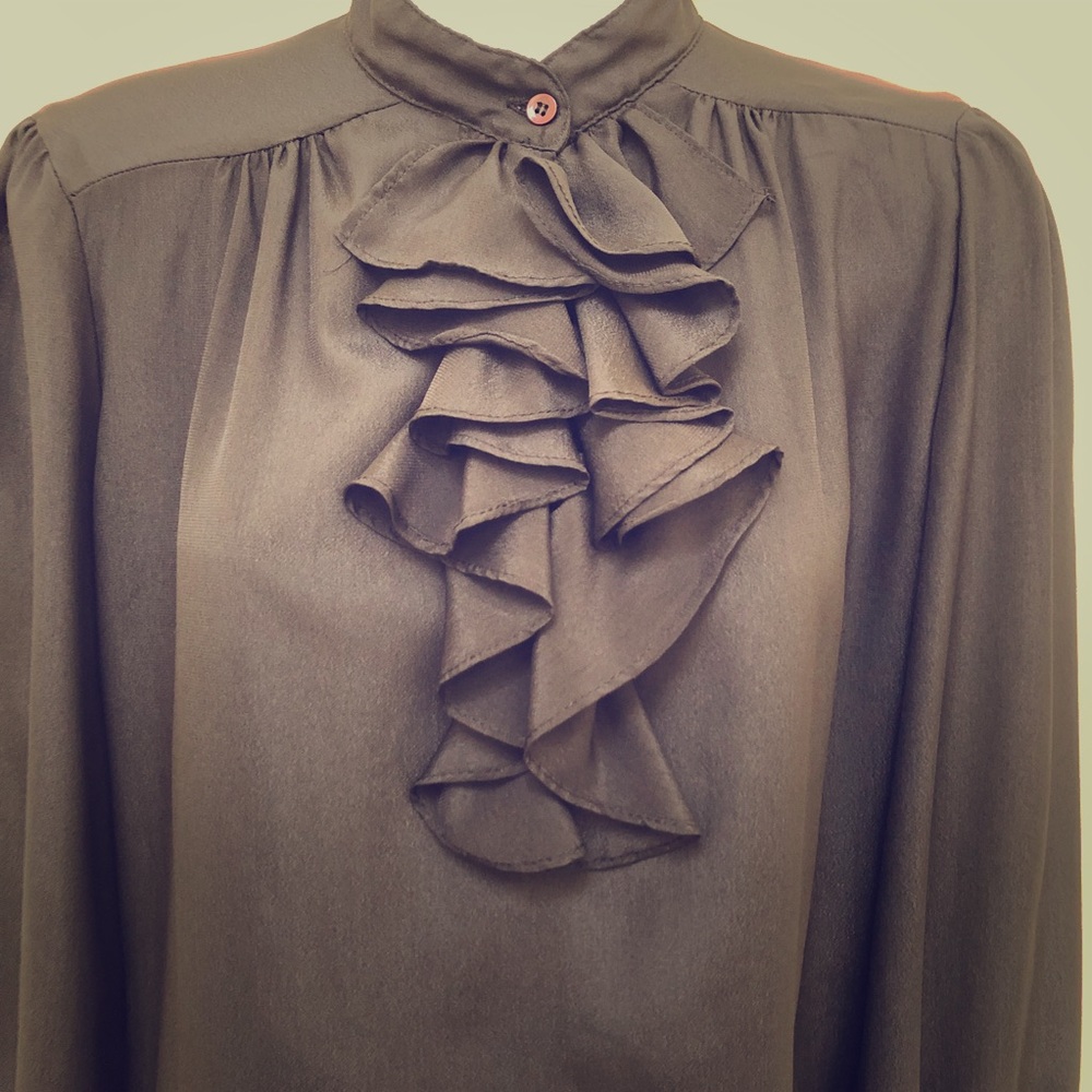 Vtg black Pinup Secretary Blouse w Ruffles S/M